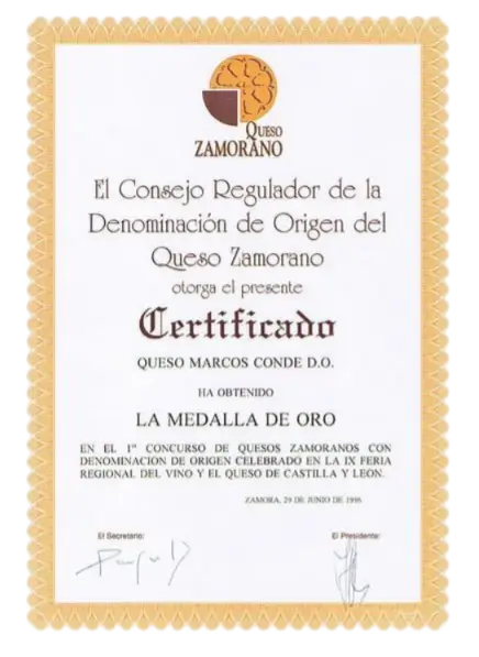 Medallas de Oro en Queso D.O. Zamorano y Queso Marcos Conde otorgado por el Consejo regulador de la Denominación de Origen del Queso Zamorano 1996.