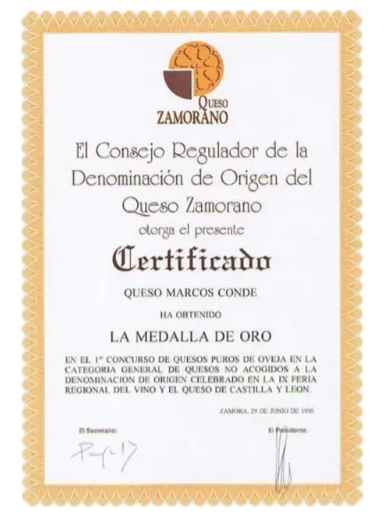 Medallas de Oro en Queso Marcos Conde otorgado por el «Consejo regulador de la Denominación de Origen del Queso Zamorano» 1996.